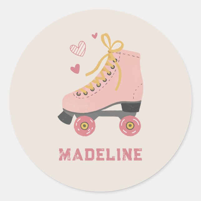 Retro Rosa Roller Skate Name Klasse Valentine Runder Aufkleber (Vorderseite)