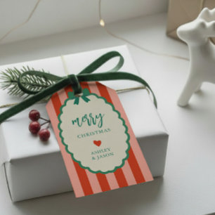 Retro Rosa, Rot und Grün gestreifte Frohe Weihnach Geschenkanhänger