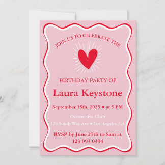 Retro Rosa Rot & Weiß Wavy Geburtstag Einladung