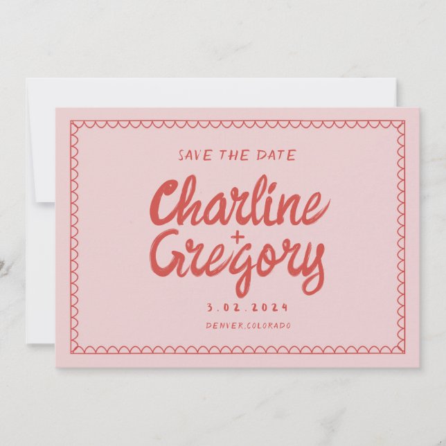 Retro Rosa rote Handschrift Hochzeit speichern das Einladung (Vorderseite)