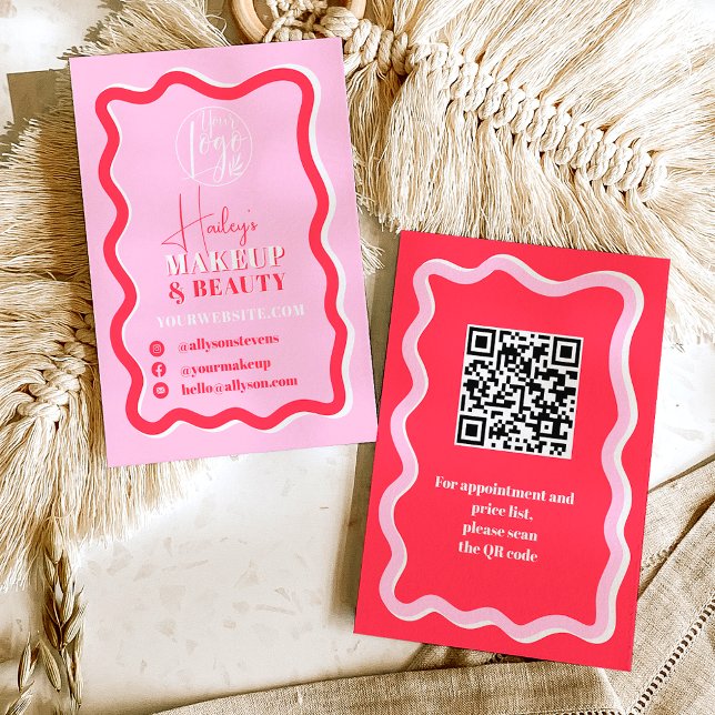 Retro rosa rote Kurve quiggle wavy Make-up Schönhe Visitenkarte (Retro pink red curve squiggle wavy makeup beauty business card)