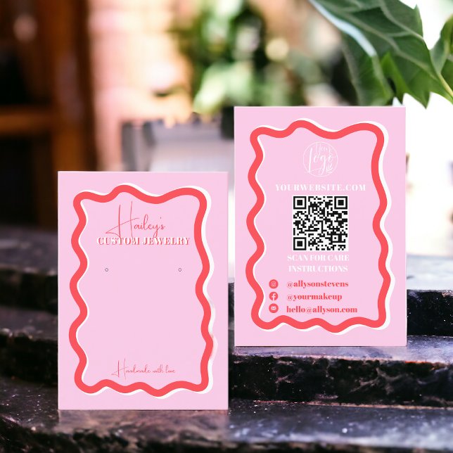 Retro rosa rote Kurve zacken scharfe Schmuckschmuc Visitenkarte (Retro pink red curve squiggle wavy jewelry display business card)