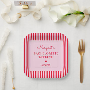 Retro Rosa & Rote Streifen Junggesellinnenabschied Pappteller