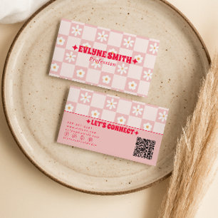 Retro Rosa Roter QR-Code Karierter Groovy Floral Visitenkarte