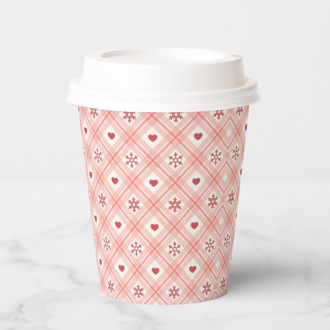 Retro rosa, rotes Herz und Schneeflocken Muster Pappbecher (Vorderseite)