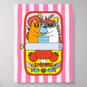 Retro-Rosa-Sardinen-Katzen-Illustration Küche Poster