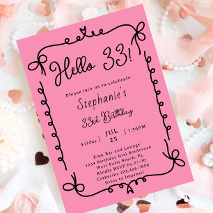 Retro Rosa & Schwarze Handschrift 33. Geburtstagsf Einladung
