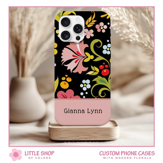 Retro Rosa Schwarzes Blumenmonogramm Case-Mate iPhone Hülle (Von Creator hochgeladen)
