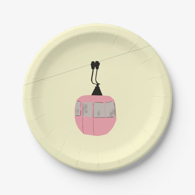 Retro Rosa Skilift Gondelbahn Skifahrer Creme Pappteller (Vorderseite)