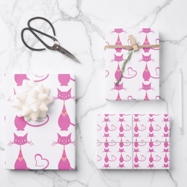 Retro Rosa Skulptur Cat Art Deco Thema Geschenkpapier Set (Vorderseite)