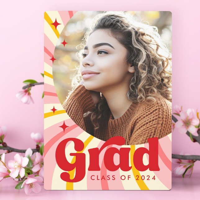 Retro rosa Sonnenaufgang Abschluss Jahr Foto Absch Fotoplatte (Retro pink sunburst graduation year photo graduate plaque)