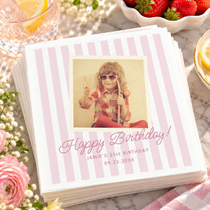 Retro-Rosa-Streifen-Foto-Geburtstag Serviette