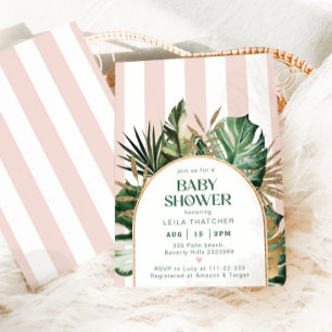 Retro rosa Streifen Palm Beach Babydusche Einladung