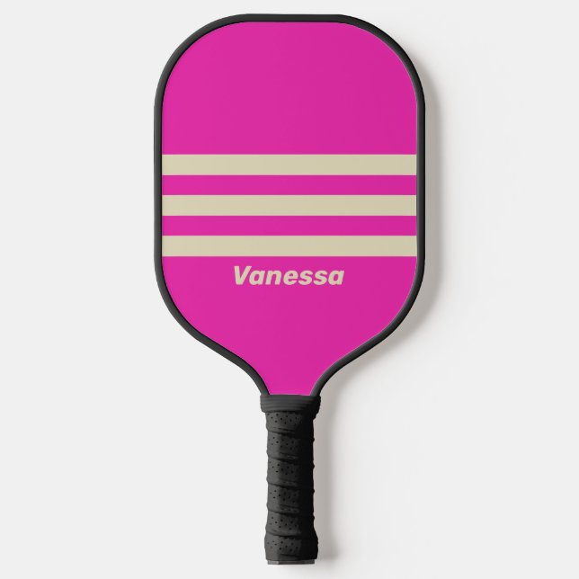 Retro rosa Three Across Striss mit Name Pickleball Schläger (Vorderseite)