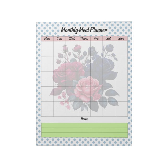 Retro Rosa und Blaue Rose Monatlicher Speiseplan Notizblock (Rotiert)