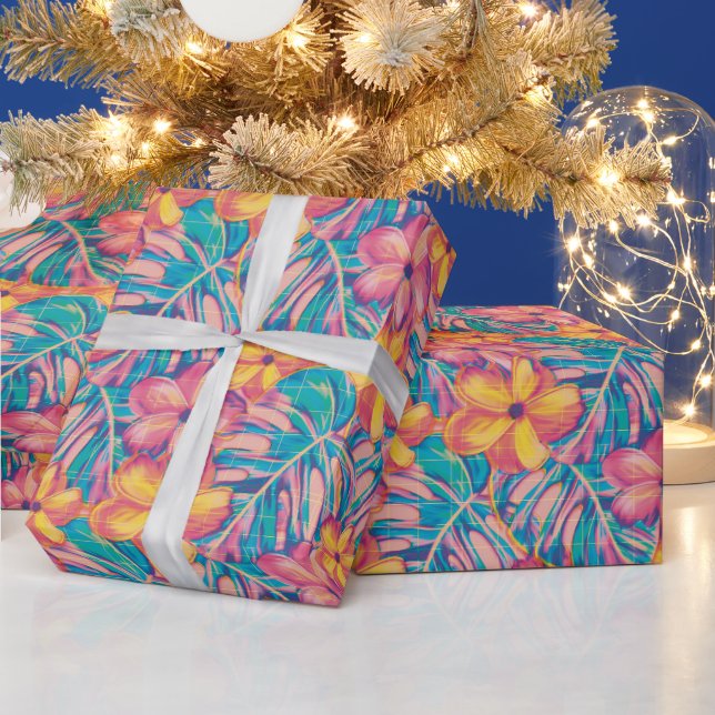 Retro Rosa und Gelb Florals Geschenkpapier (Feiertage)