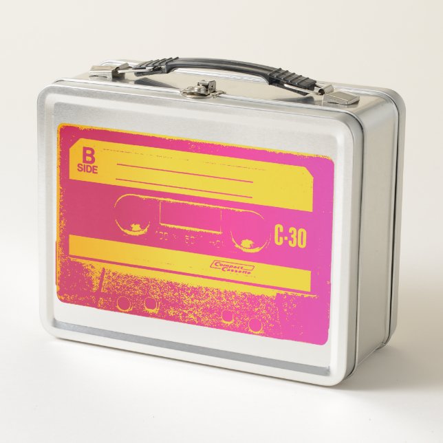 Retro-Rosa und gelbes Kassettenband Metall Brotdose (Vorderseite)