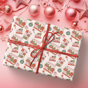 Retro Rosa und Grüne Weihnachtsfreude Geschenkpapier