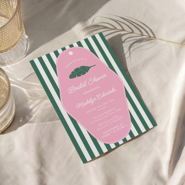 Retro-Rosa und grünes Bananenleaf-Brautparty Einladung (Midcentury modern pink and green Beverly Hills inspired bridal shower invitation with banana leaf)