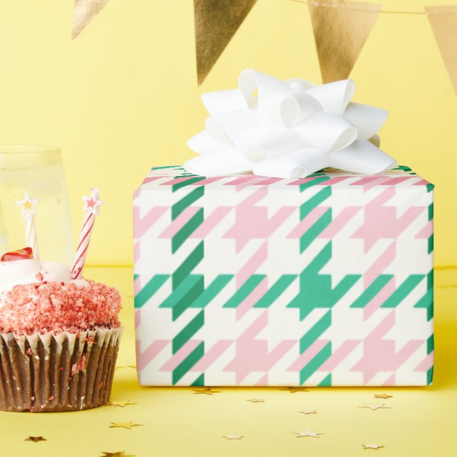 Retro-Rosa und grünes Hahnentrittmuster kariertes  Geschenkpapier (Geburtstagsparty)