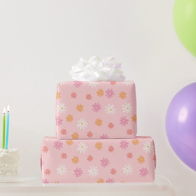 Retro Rosa und Orange Daisy Floral Geschenkpapier (Partygeschenke)