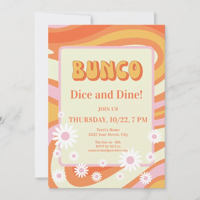 Retro Rosa und Orange Floral Bunco Ladys Night Einladung (Vorderseite)