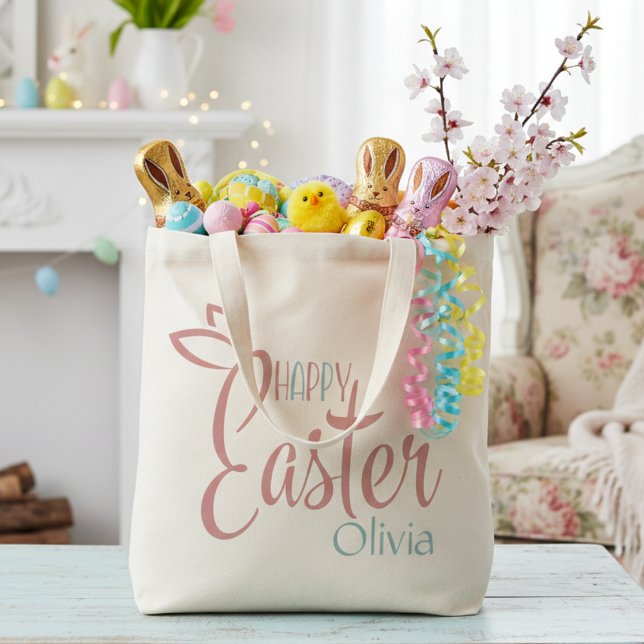Retro rosa und Personalisierte Osterfeier Tragetasche (Retro Pink And Blue Personalized Happy Easter Tote Bag)