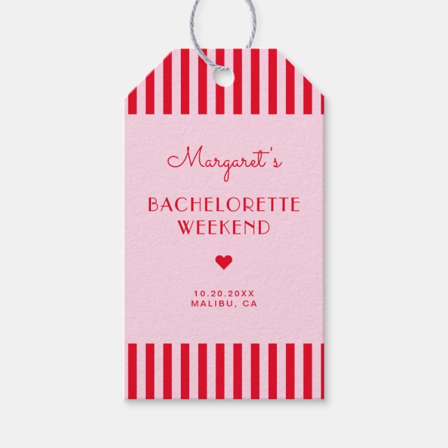 Retro Rosa und Rote Streifen Bachelorette Wochenen Geschenkanhänger (Vorderseite)