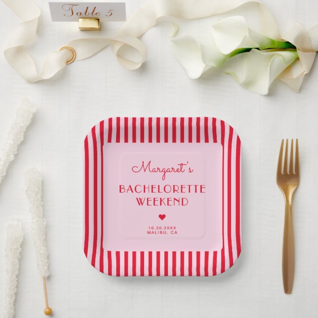 Retro Rosa und Rote Streifen Bachelorette Wochenen Pappteller (Hochzeit)