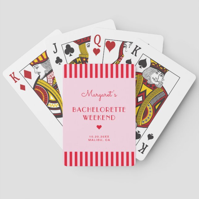 Retro Rosa und Rote Streifen Bachelorette Wochenen Spielkarten (Rückseite)