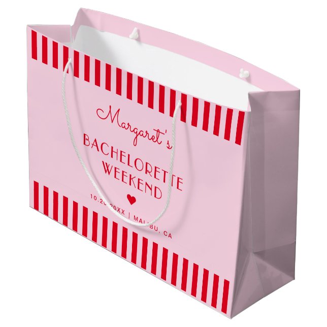 Retro Rosa und Rote Streifen Junggeselinnen-Abschi Große Geschenktüte (Rückseite Schrägansicht)