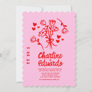 Retro-Rosa und rote wellige Handschrift Hochzeit Einladung