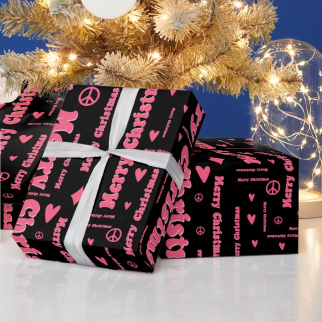 Retro Rosa und Schwarz Frohe Weihnachten Frieden u Geschenkpapier (Feiertage)