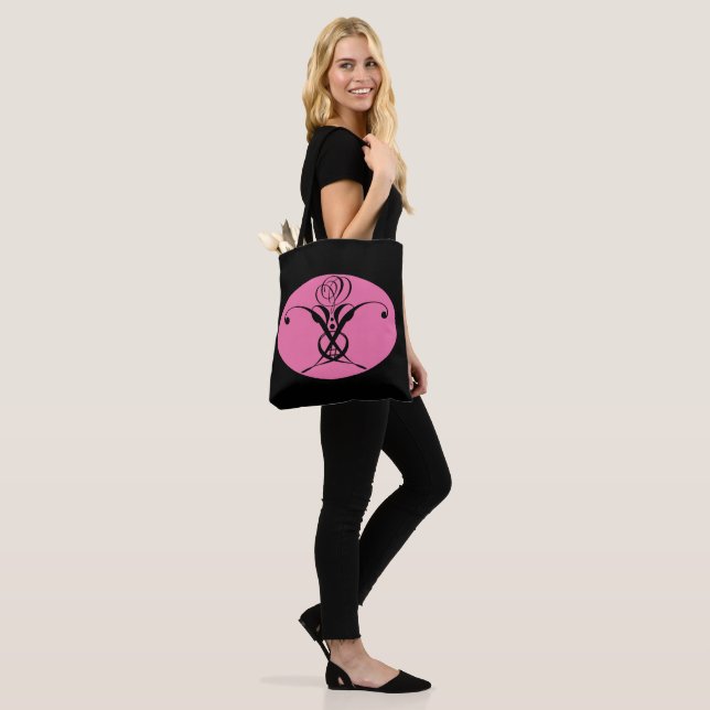 Retro Rosa und Schwarz Geblüht Rose Tasche (Am Model)