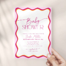 Retro-Rosa-Wellige-Rand-Einladung Baby-Party