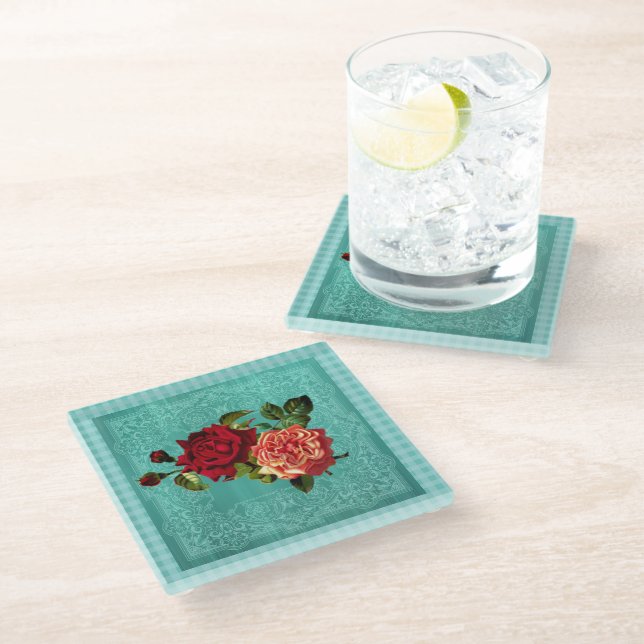 Retro-Rose Blaues Vintages Land Glasuntersetzer (Schrägansicht)