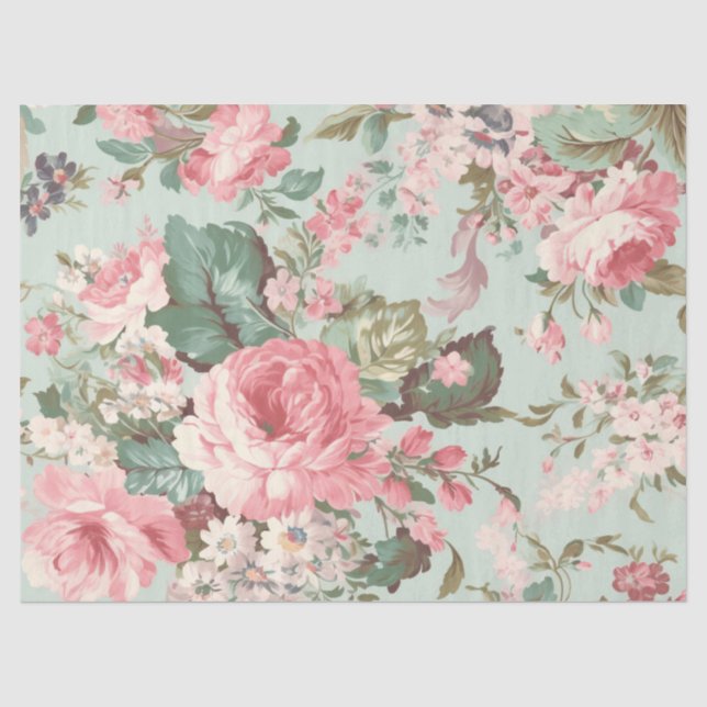 Retro-Rose Rosa auf Minze Dekoupage Seidenpapier (Vorderseite)