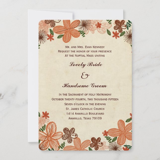 Retro Rost-orange Blumen-katholische Hochzeit Einladung (Vorderseite)