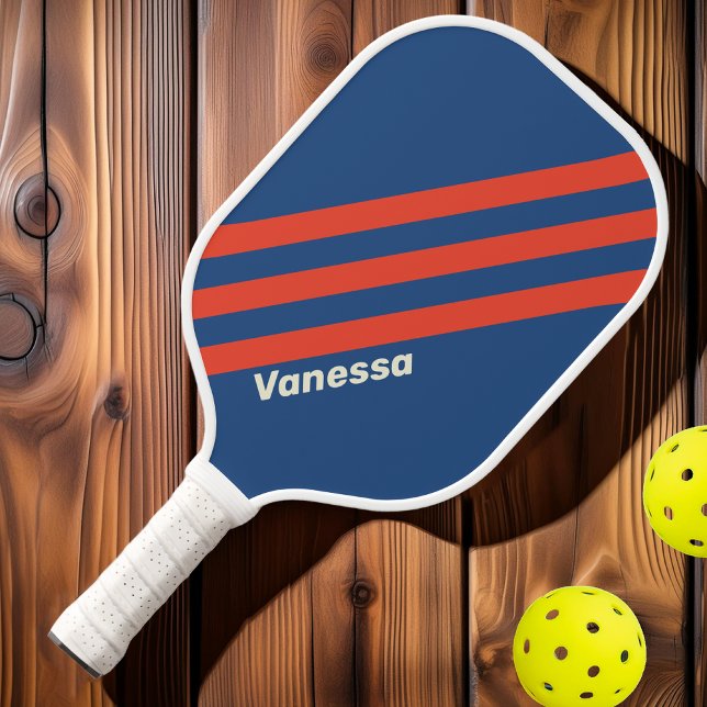 Retro Rot & Blau Drei Streifen mit Namen Pickleball Schläger (Von Creator hochgeladen)