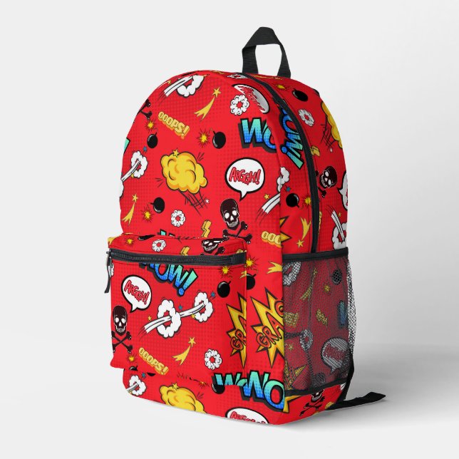 Retro-Rot-Comic- Pop-Art-Explosionmuster Bedruckter Rucksack (Rückseitige Ecke Rechts)