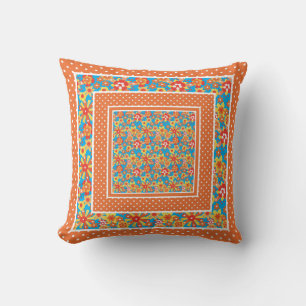 Retro Rot, Orange, Gelbe Blüte auf Blau, Polkas Kissen