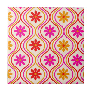 Retro-Rot-Pink-Orange-Blumen auf Ogee-Muster Fliese