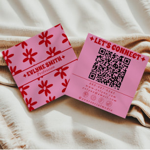 Retro-Rot-Pink-QR-Code-Groovy-Floral-Feminines-Tre Quadratische Visitenkarte