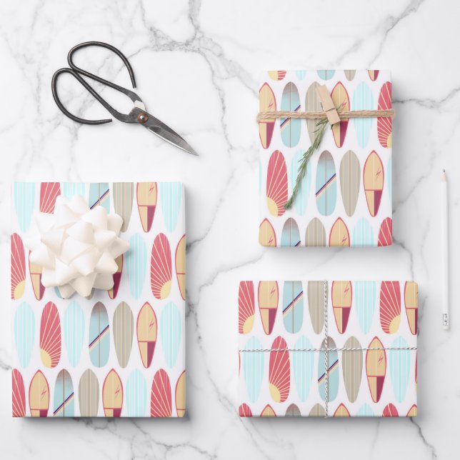 Retro Rot und Blau Surfboard Muster Geschenkpapier Set (Vorderseite)