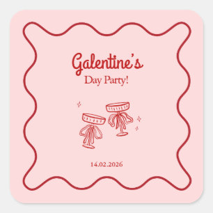 Retro-Rot und Rosa Galentines-Party Quadratischer Aufkleber