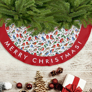 Retro Rot-Weiß-Weihnachts-Rotkehlchen-Wasserfarben Polyester Weihnachtsbaumdecke