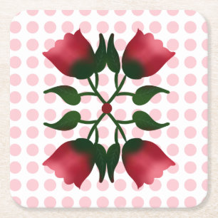 Retro-Rote Blumige Volkskunst mit Rosa Punkten Mus Rechteckiger Pappuntersetzer