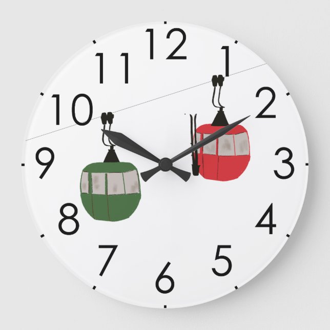 Retro Rote Skilifte Gondelbahn Skifahrer Große Wanduhr (Vorderseite)