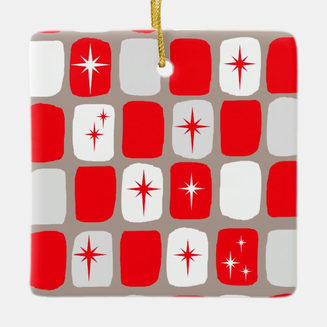 Retro rote Starburts Weihnachtsverzierung Keramikornament (Vorderseite)