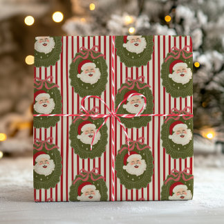 Retro-Rote Streifen Lustiges Santa-Gesicht Weihnac Geschenkpapier